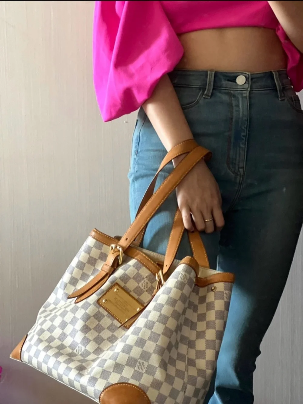 LOUIS VUITTON Damier Azur Hampstead MM Bag  Tote Bag with Tan Trim - Beige/White